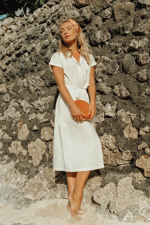 Women's Safari Linen Midi Dress in Off White - Saltwater Bodega